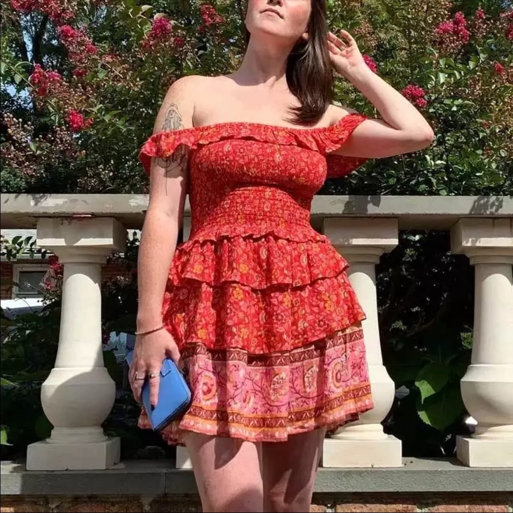 Off the Shoulder Boho Floral Gypsy Print Dress red - Picture 10 of 10